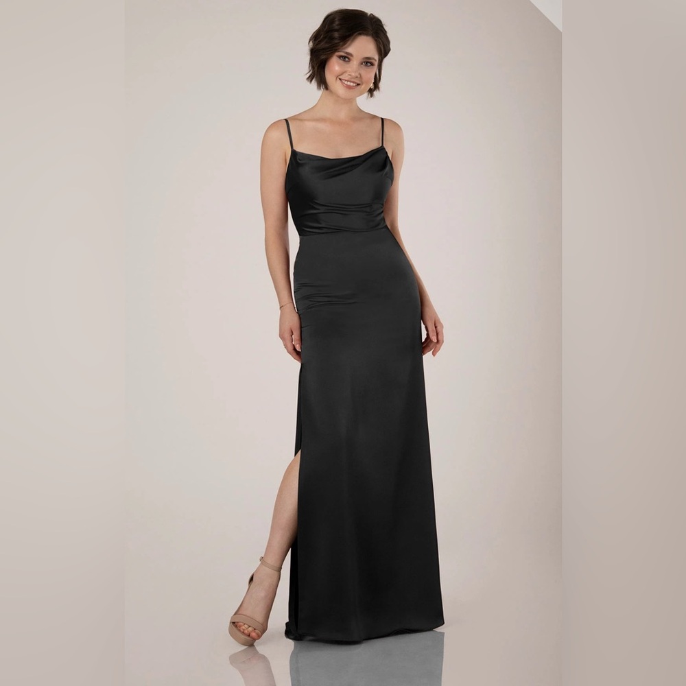 Sorella Vita Floor-Length Charmeuse‎ Bridesmaid Dress with Skirt Slit in Raven.